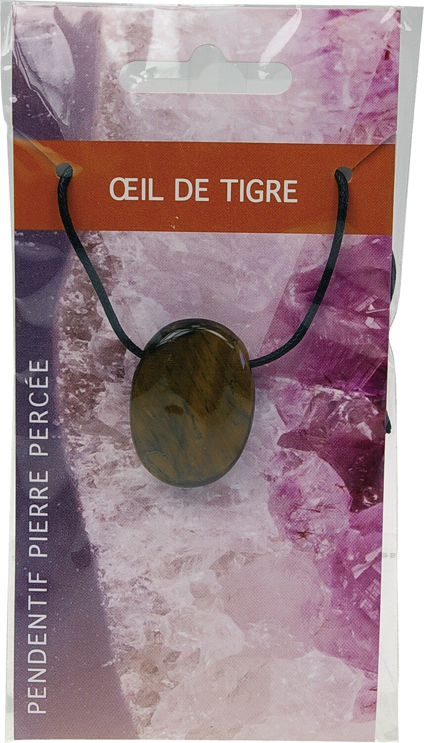 Collier Œil de Tigre Naturel – Pendentif Pierre Ovale Percée avec Cordon Noir – Protection & Énergie
