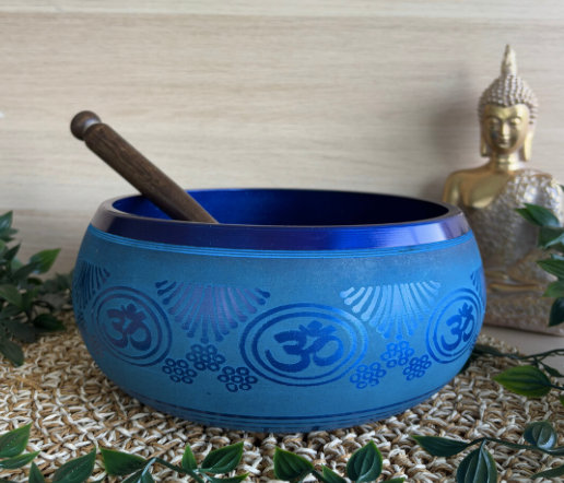 Bol Chantant Aluminium Bleu Om 20 cm – Méditation, Relaxation et Harmonie