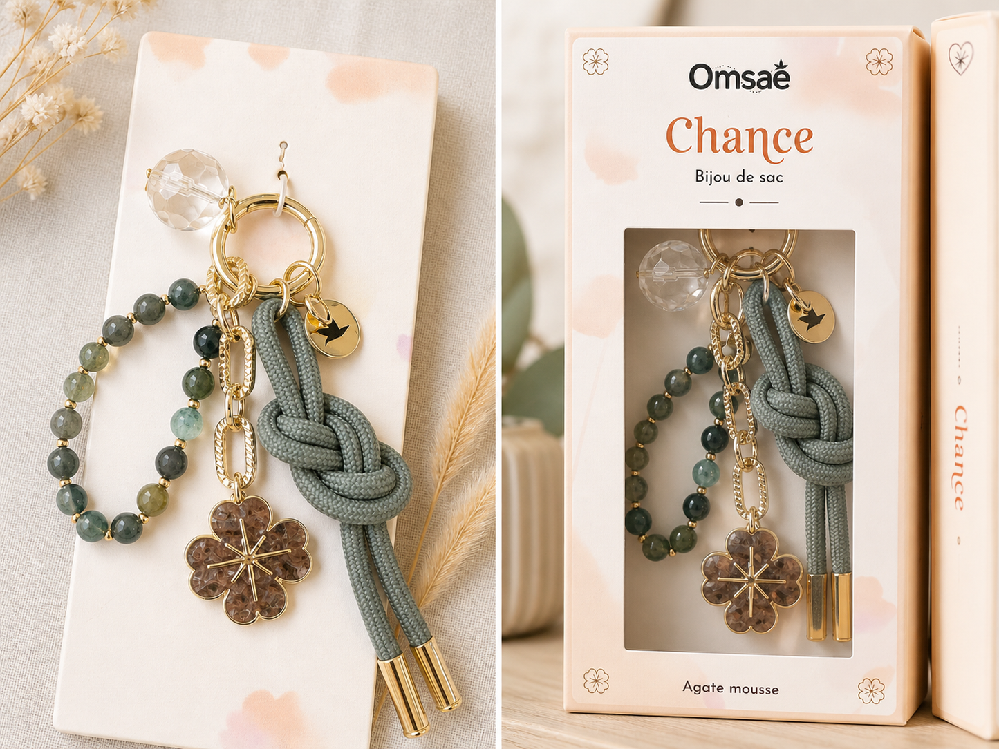 Bijou de sac Agate Mousse – Équilibre & Renouveau – Omsaé Chance
