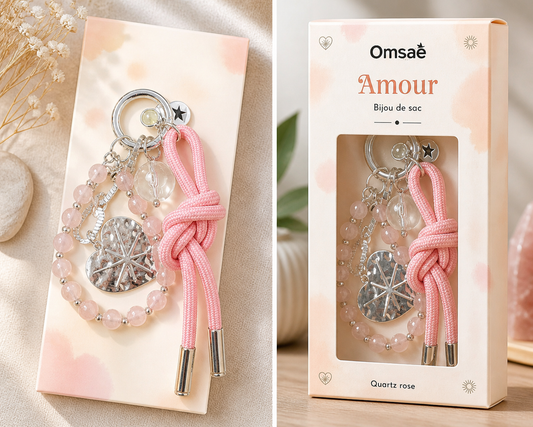 Bijou de sac Quartz Rose – Amour & Douceur – Omsaé Amour