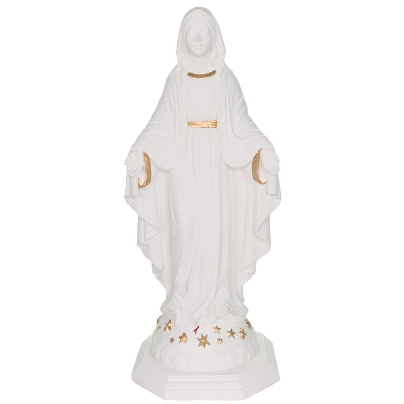 Statue Vierge Miraculeuse Blanche en Résine et Poudre de Marbre avec Filet Doré – 30 cm